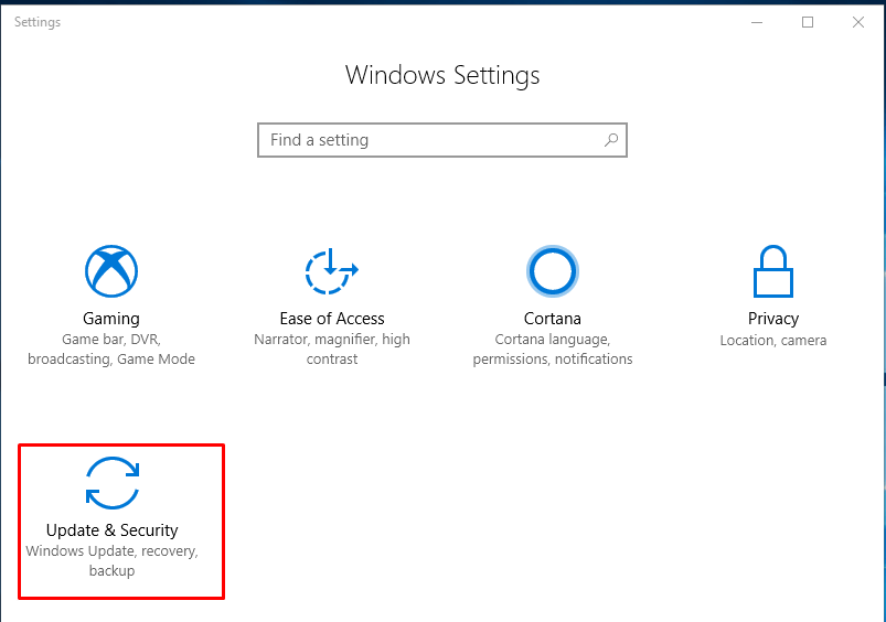 update and security option in windows