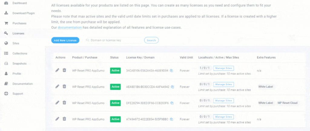 WP Reset License Management tool