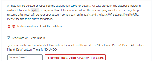 WP Reset Nuclear Reset tool