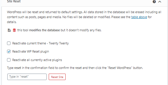 WP Reset Site Reset tool