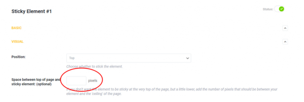 WP Sticky space between elements setting